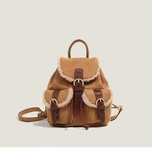 Backpack women's autumn and winter new retro small plush pocket backpack versatile shoulder bag trendy